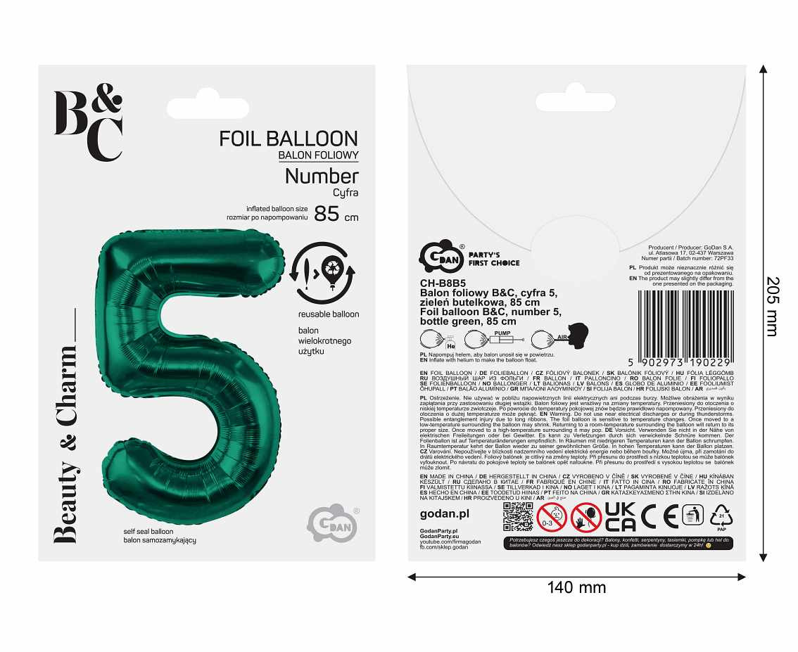 Foil balloon B&C, number 5, bottle green, 85 cm